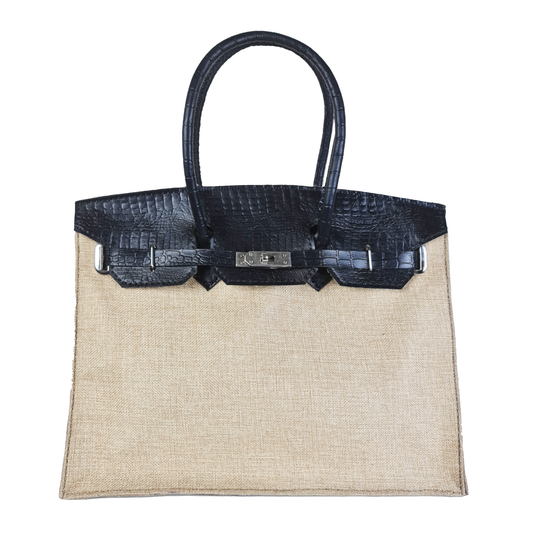 Genuine Leather & Burlap Handbag - Beige/Black
