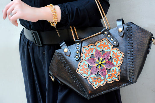 Black Decorated Genuine Leather Handbag