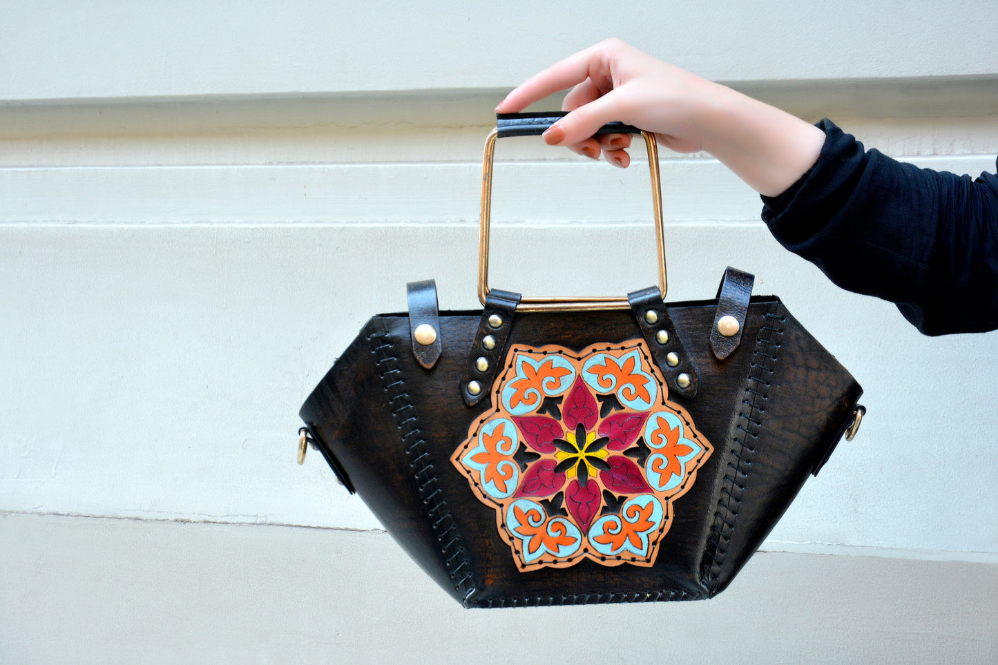 Black Decorated Genuine Leather Handbag