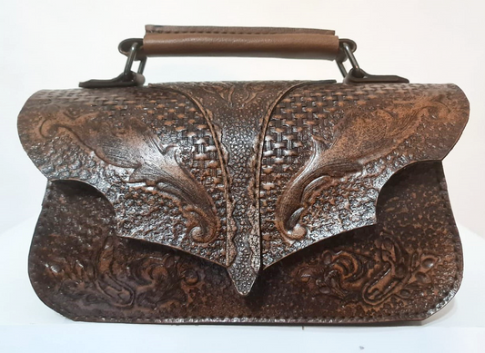 Tooled brown clutch bag | floral carved design