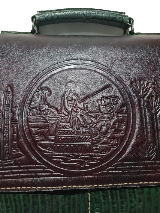 Laptop bag with imprinted design and patterened leather