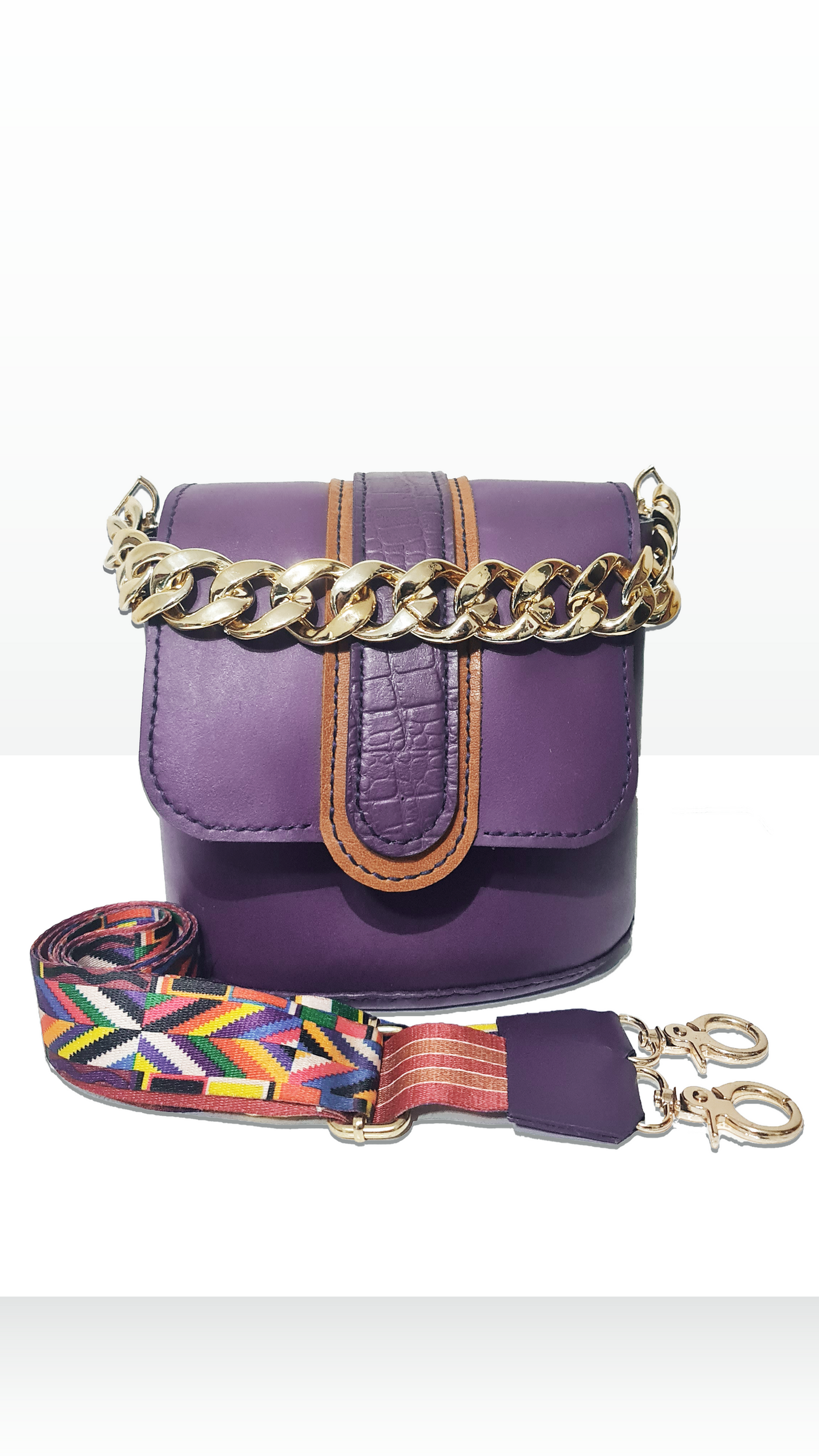 Trendy purple bag with a gold chain handle & long strap